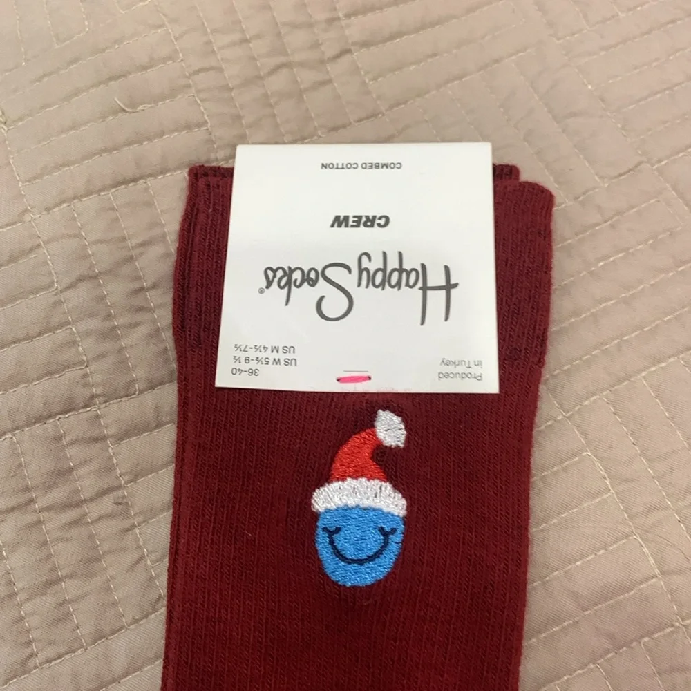 NWT Happy Socks Smiley Santa Embroidery Socks Size 5.5-9.5